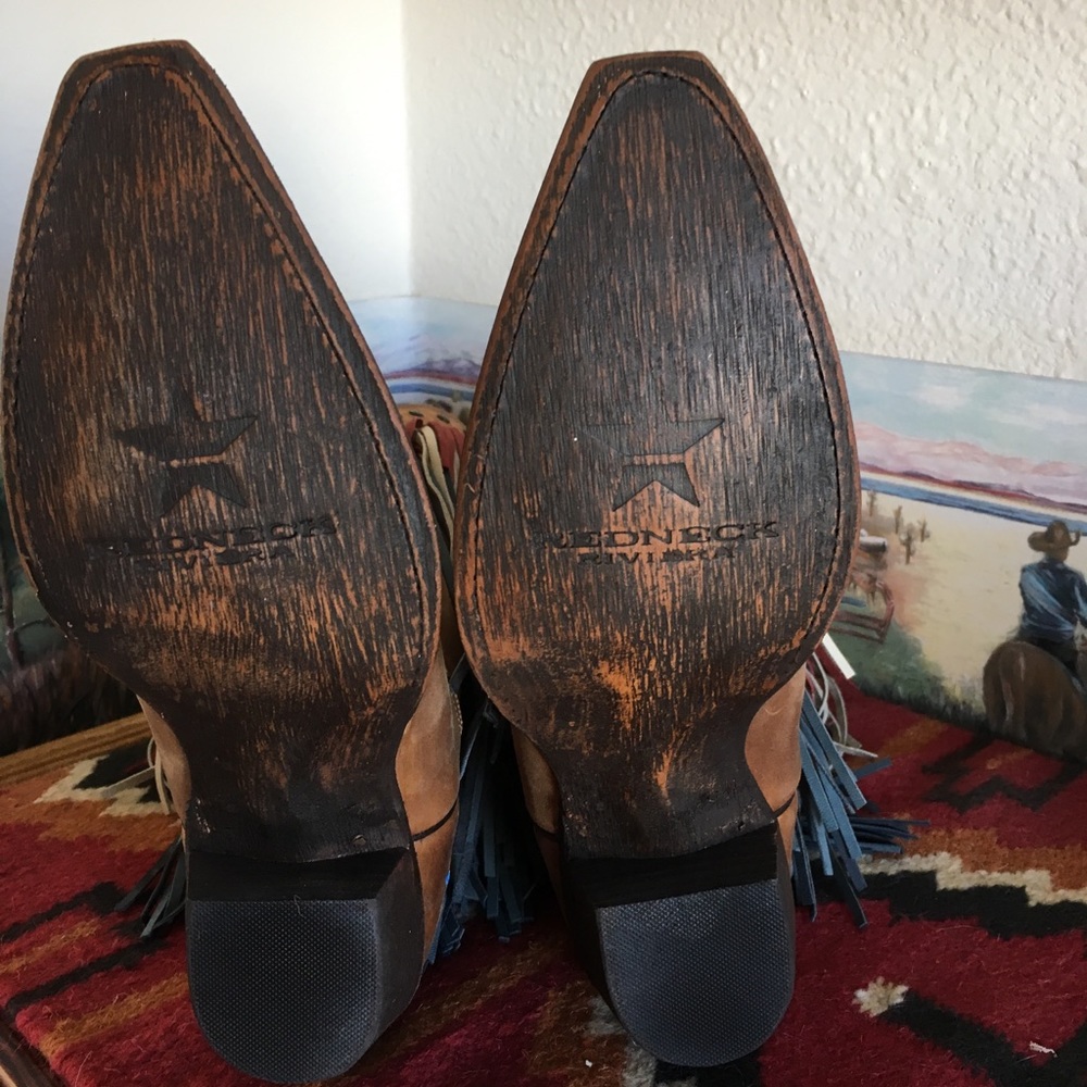 Fringed Western Heeled Boots - Brown with Red, White & Blue Fringe - Picture 5 of 7